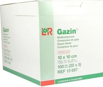 Productafbeelding van Gazin kompressen, steriel, 10x10 cm, 20 stuks per verpakking, 5 verpakkingen