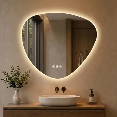 Produktbild von S'AFIELINA Asymmetrischer Badspiegel mit LED-Beleuchtung 60 × 70 cm, rahmenlos, 3 Lichtfarben, dimmbar, Antibeschlag, Memory-Funktion