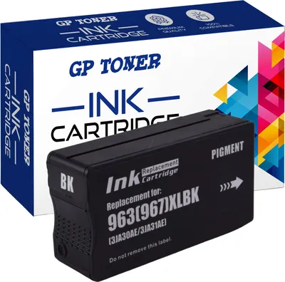 A black ink cartridge and its packaging are shown against a white background.