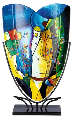 Produktbild von Casablanca by Gilde GlasArt Dekovase "Magic" blau/gelb/grün, mit aufgesetzten Steinchen und Metallfuß, durchgefärbt, H.58 cm, Öffnung: B.23cm, T.6cm, 52435