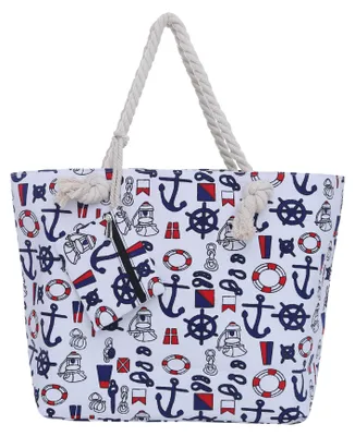 Zdjęcie produktu dla Duża torba plażowa typu shopper z zamkiem błyskawicznym – motyw morski: statek w kolorach biało-niebiesko-czerwonym