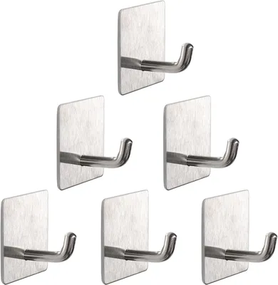 Image de Crochets de serviette pour salle de bain, lot de 6, adhésifs et robustes, sans perçage, en acier inoxydable 304 (finition argentée brossée)