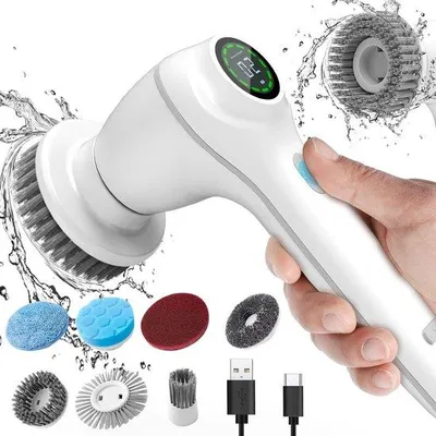 Zdjęcie produktu dla Elektryczna obrotowa szczotka - Bezprzewodowa szczotka do czyszczenia - Mocna szczotka do łazienki i kuchni - Szczotka do czyszczenia z 8 wymiennymi końcówkami - Biała