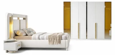 Zdjęcie produktu dla Zestaw do sypialni w stylu nowoczesnym, biały z złotymi akcentami, designerski zestaw w stylu minimalistycznym