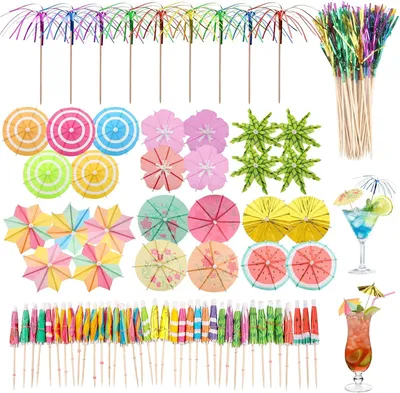 Imagen del producto de Accesorios decorativos para cócteles: 135 unidades de sombrillas para cócteles con palillos de dientes de madera. Sombrillas de papel para fiestas de verano