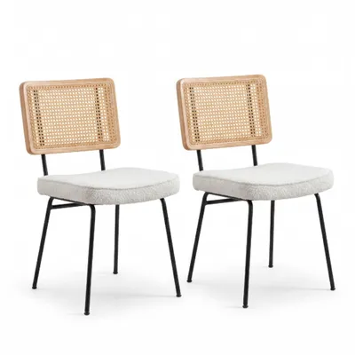Image de LVHOM, lot de 2 chaises de salle à manger en chenille et bois massif, chaises rembourrées aspect rotin, chaises de cuisine à pieds métalliques, couleur ivoire