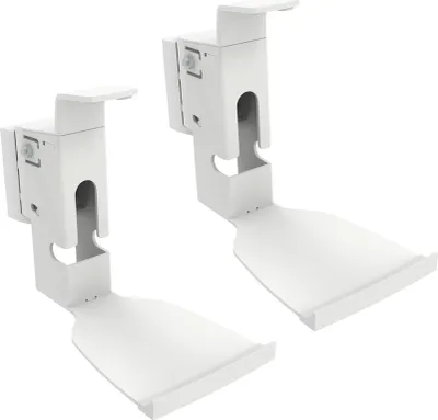 Two white speaker wall mounts are shown against a white background.