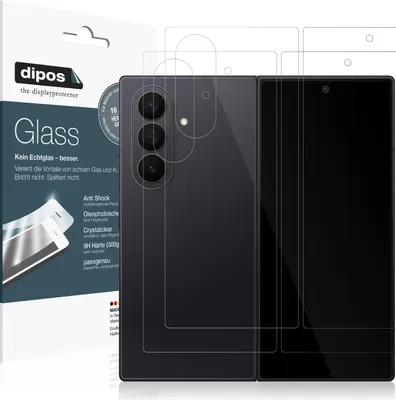 A product package for screen protectors for a foldable phone, with the phone shown partially unfolded and with screen protectors applied.