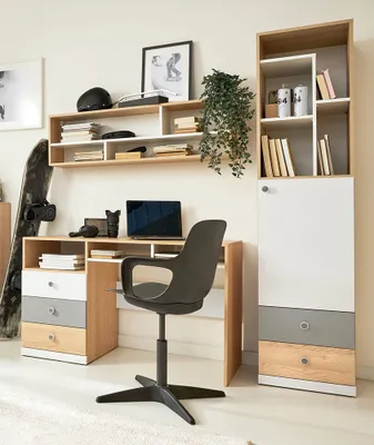 Produktbild von Jugendzimmer Schreibtisch Set in Eiche mit weiß und grau PINETO-133, 3-teilig