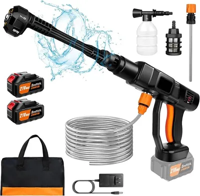 Produktbild von Akku Hochdruckreiniger, Akku-tragbare Hochdruckreinigungsmaschine, mit 2 Akkus, 6-in-1-Düse, 5 m Schlauch,zur Autos, Gärten und Lagern
