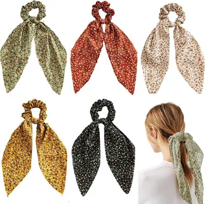 Produktbild von Modische Haargummis mit Schleifen im Blumenmuster, Scrunchies aus Chiffon und lange Haarbänder als 2-in-1-Haarschmuck für Pferdeschwänze, Damen und Mädchen