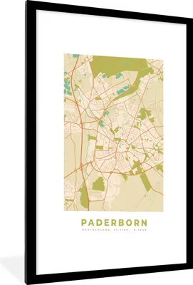 Produktbild von MuchoWow® Gerahmtes Poster Jahrgang - Paderborn - Karte - Stadtplan 60x90 cm - Poster mit Schwarzem Bilderrahmen Wandposter Rahmen Foto Bilder - Dekoration - Wandposter Wohnzimmer - Hochwertig