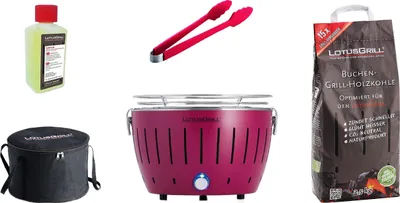 Produktbild von LotusGrill S Small Kompakt Starter-Set Pflaumenlila Holzkohlegrill 5tlg