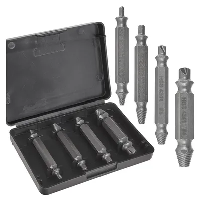 Immagine prodotto di Set 4 estrattori per rimozione viti e bulloni danneggiati , kit attrezzi di rimozione con doppia punta per trapano,estrattori, in lega di acciaio
