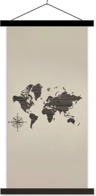 Produktbild von MuchoWow® Textilposter Weltkarte - Holz - Braun 60x120 cm mit schwarzem Rahmen - Magnete