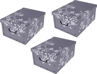 Produktbild von Set: 3 x XXL Dekokarton mit modernem Muster "Barock Blumen Grau" - Maße: ca. 51 x 37 x 24 cm