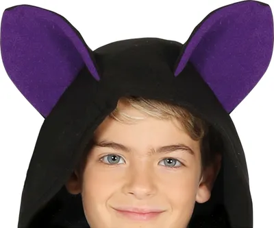 Close-up of a child wearing a black hooded costume with purple bat ears.