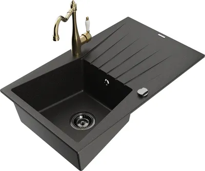 Produktbild von Mexen Cesar 1 Becken-Granitspüle mit Abtropffläche und Mischbatterie Carla, Schwarz/Gold metallisch - 6514-75-670700-50-B