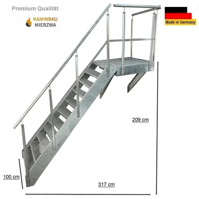 Produktbild von Podesttreppe Wangen- Stahltreppe 11 Stufen Höhe 209cm inklusive Podest 100x100cm mit Geländer Verzinkt / Ausrichtung Treppe Links / Aussentreppe