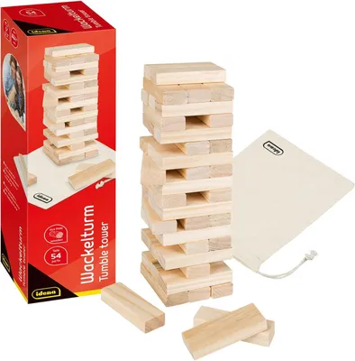 Produktbild von Holzturm-Spiel – Geschicklichkeitsspiel mit 54 Bausteinen und Aufbewahrungstasche – Stapelturm mit einer Größe von ca. 8 x 8 x 26 cm