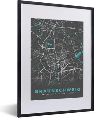 Produktbild von MuchoWow® Gerahmtes Poster Stadtplan - Deutschland - Blau - Braunschweig - Karte 30x40 cm - Poster mit Schwarzem Bilderrahmen Wandposter Rahmen Foto Bilder - Wandposter Schlafzimmer