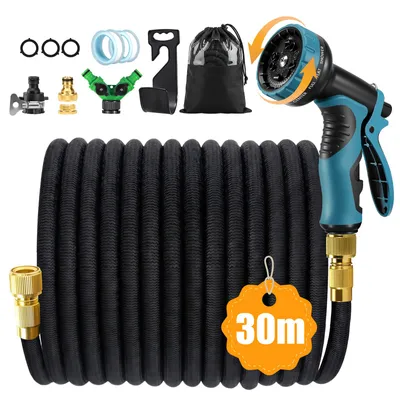 Produktbild von Flexibler Gartenschlauch 30m,dehnbarer Flexischlauch,Wasserschlauch mit 3-fach Latexkern,10 Modi Sprühpistole,Wandhalterung,1/2" & 3/4" Adapter