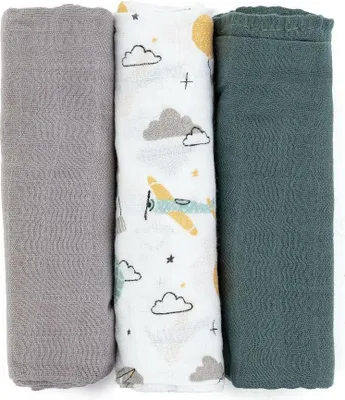 Produktbild von PETITE&MARS Bambus-Musselin-Tücher 3 Stück, Grautöne, 68cm x 68cm (Grey Planes)