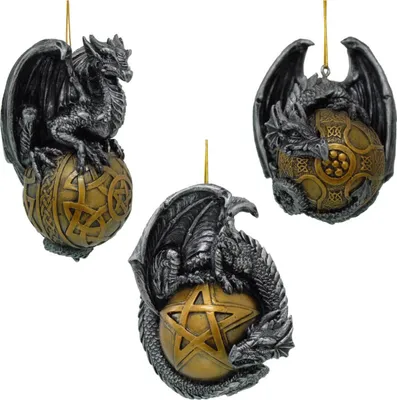Produktbild von 3er-Set Drachen-Christbaumkugeln, Drachen mit keltischen Kugeln