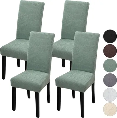 Produktbild von Stuhlhussen 4er Set, elastischer Stretch Bezug für Esszimmerstühle, Jacquard Blattmuster, waschbar