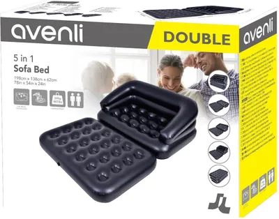 The image shows the packaging of an inflatable sofa bed, with a product image and promotional text.