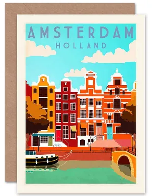 Imagen del producto de Tarjeta de felicitación con un colorido diseño de barco en los canales, tipo tarjeta plegable, 1 unidad, para correspondencia