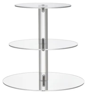 A clear, studio shot of a three-tier acrylic cupcake stand against a white background.