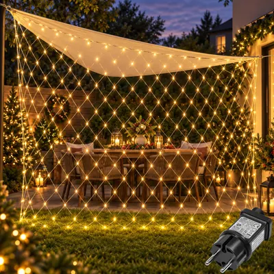 Image de 6X4m 660 LED Chaîne lumineuse Réseau d'éclairage blanc chaud avec prise 8Modes Timer pour arbustes jardin arbre de Noël chambre fête Noël éclairage décoration