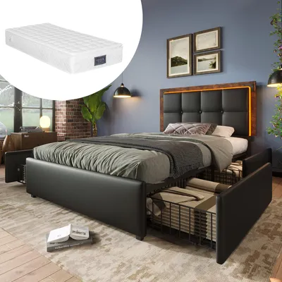Produktbild von Bettgestell LED-Beleuchtungsleiste 4 Schubladen Einzelbett Polsterbett 90x200 Höhenverstellbares Kopfteil Funktionsbett PolyurethanSchwarz Mit Matratze