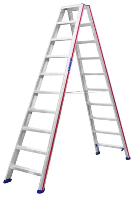 Produktbild von Hymer Stufenstehleiter, beidseitig begehbar, 2x10 Stufen, senkr. Höhe 2,30 m, Reichhöhe 3,83 m, Gewicht 13,7 kg
