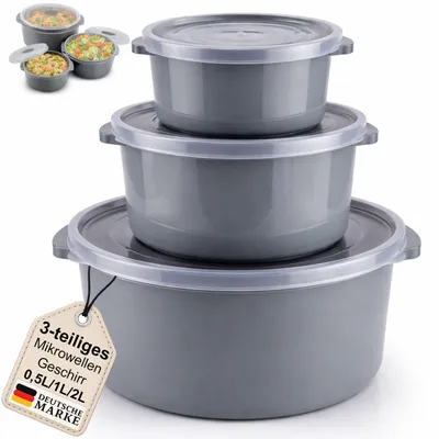 Produktbild von Mikrowellengeschirr 3er Set Mikrowellen Schalen Menüteller mit Deckel 0,5L/1L/2L