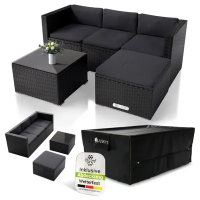 Produktbild von Juskys Polyrattan Lounge Punta Cana M schwarz inkl. Abdeckung – Gartenlounge Set 3-4 Personen – Sitzgruppe mit Sofa, Tisch & Hocker - Sitzbezüge Dunkelgrau