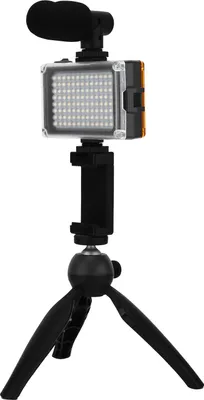 Immagine prodotto di Set portatile per la registrazione video dal vivo, set fotografico per telefoni cellulari con supporto per treppiede per microfono con luce di riempimento, nero
