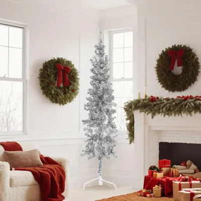 Produktbild von vidaXL Künstlicher Halb-Weihnachtsbaum Ständer Schlank Silbern 180 cm