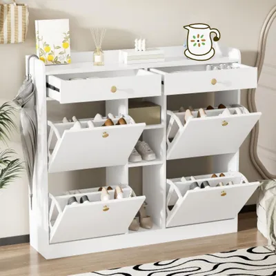 Produktbild von Schuhschrank mit 4 Klapptüren, Schuhregal mit 2 Schubladen, 3 offenen Fächern für Flure und Eingangsbereiche, Maße 110 x 26 x 100 cm