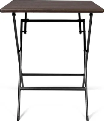 A brown folding table with black metal legs against a white background.
