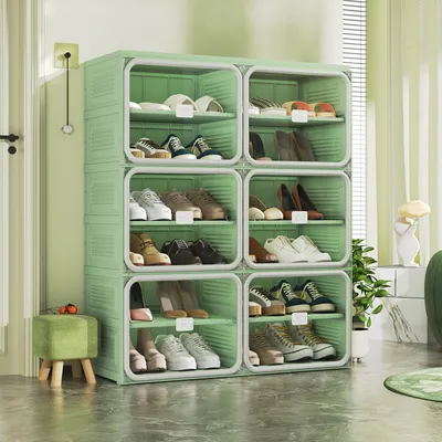Imagen del producto de REMZETTA, zapatero plegable, color verde, con 6 puertas transparentes, 12 compartimentos y cierre magnético. Estantería para zapatos de plástico, ideal para recibidores y pasillos