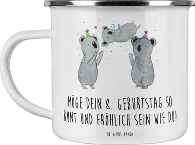 Produktbild von Mr. & Mrs. Panda Teetasse 8. Geburtstag Freude - Weiß - Geschenk, Happy Birthday, Pott, Geburtstagsparty, 8 Jahre alt, Kindergeburtstag, Teebecher, Emaille Tasse, Alter