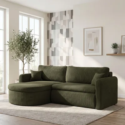 Produktbild von Ecksofa in L-Form mit Schlaffunktion & Stauraum – Universell Montiebar Rechts/Links 4-Sitzer Schlafsofa inkl. 2 Dekokissen und Rückenkissen 250 x 160 x 83 cm – Olivgrün Cord Chenille