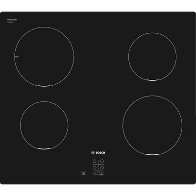 A top-down view of a black induction cooktop with four heating elements and control buttons.