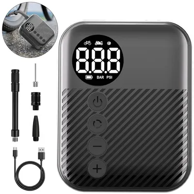 Produktbild von Elektrische Fahrradpumpe 150 PSI, Mini Luftpumpe mit Manometer, automatische Abschaltung, Akku 480mAh, LED Display, für Rennrad & MTB, Type-C