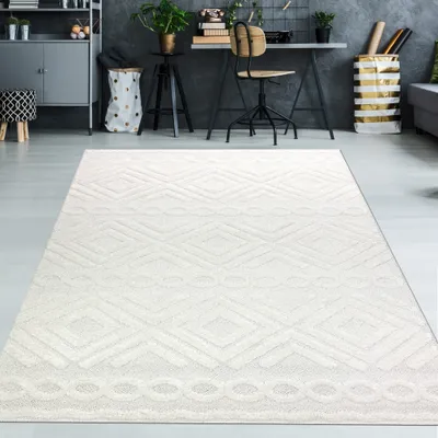 Produktbild von Boho Hochflor Wohnzimmerteppich mit Rautenmuster und Kreisen in Cremefarbe Größe - 120 x 170 cm