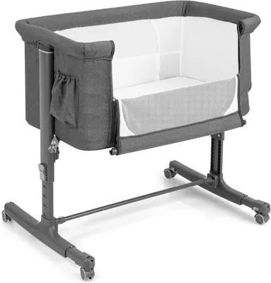 Produktbild von 2-in-1-Beistellbett, 5-fach höhenverstellbares Reisebett mit Matratze und Rollen, 86 x 63cm, Stubenwagen für Babys ab der Geburt bis 9 kg, Babybett mit 10° Neigung in Dunkelgrau