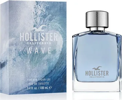 A bottle of Hollister Wave for Him Eau de Toilette and its packaging are displayed side-by-side against a white background.
