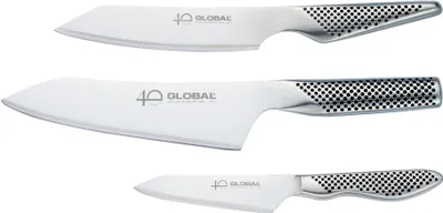 Three Global Yoshikin knives are displayed on a white background.